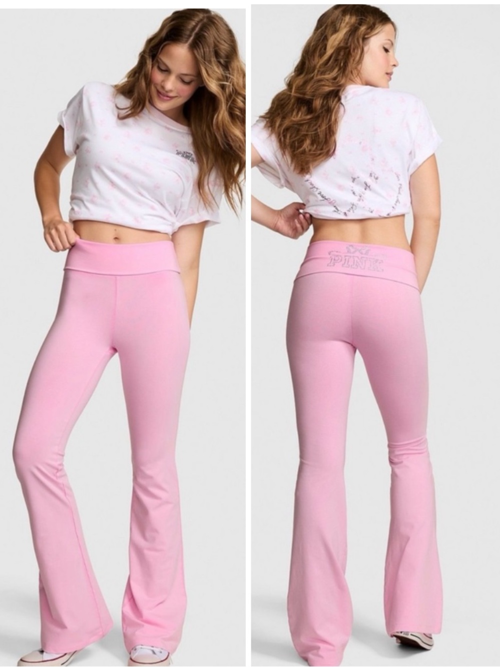 🎀🍭PINK x LoveShackFancy Bling Logo Foldover Flare Leggings Pink Lollipop M